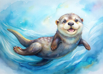 A delightful illustration of a smiling otter floating on its back, painted in soothing watercolor tones