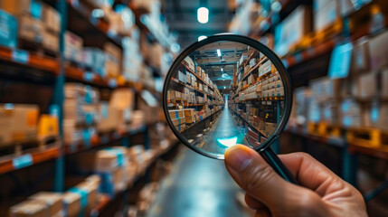Magnifying glass in a modern warehouse.