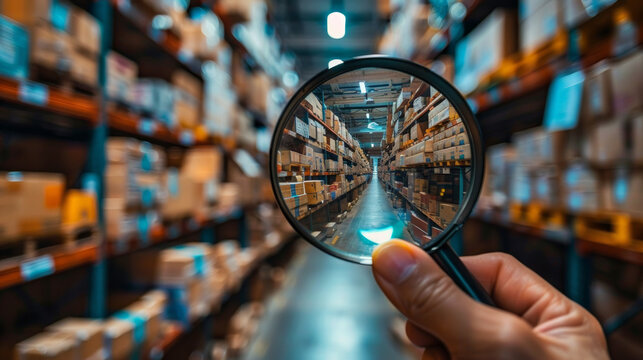 Magnifying glass in a modern warehouse.