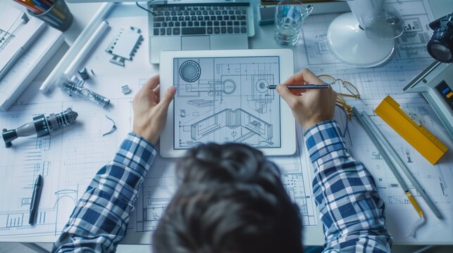 Designer sketches futuristic products with tools and blueprints on a tablet.