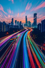 Fototapeta premium Two parallel expressways cutting through the cityscape, stretching into the distance. Rather than traditional vehicle lights, the expressways are illuminated with vibrant, swirling lights