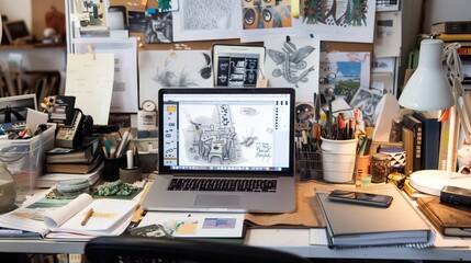 Desk with sketches & laptop with design software, crafting a revolutionary idea. - Powered by Adobe