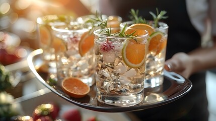 corporate event or business function, closeup view of waiter presents welcome drinks to attendees