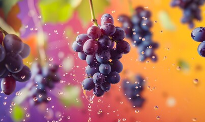 Close up of grape flying in the air a colorful background , Generative AI