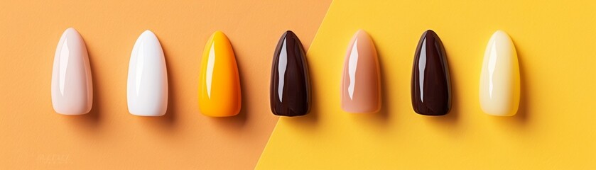 Fototapeta premium Background of arranged diverse nails wear armor with manicure in fashion popular colors. Elegant acrylic beautiful gel polish stiletto nail manicure for spa salon web advertising branding banner