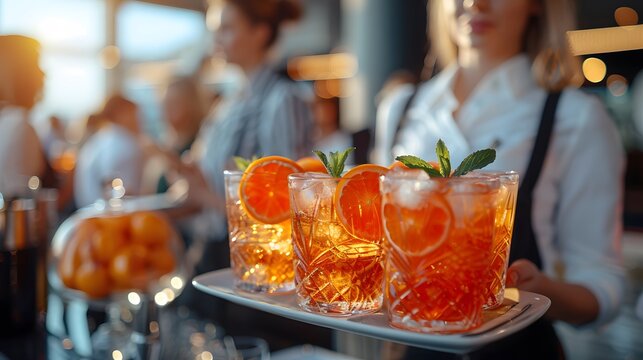 corporate event or business function, closeup view of waiter presents welcome drinks to attendees