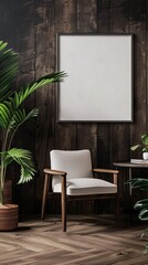 Dark Minimalistic Interior with Wooden Wall and Simple Mock-up Frame