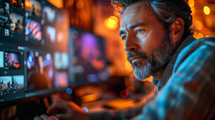 Thoughtful male video editor working on his computer in a dimly lit room.
