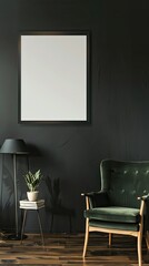 Dark Minimalistic Interior with Wooden Wall and Simple Mock-up Frame