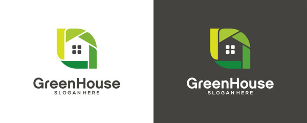 Green House Logo, home and leaf combination, design vector illustration