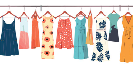 Modern wardrobe of summer clothing hanging on floor h