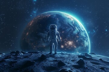 Space conquest and back to the moon race concept image with an astronaut walking on the moon and view of the earth in background