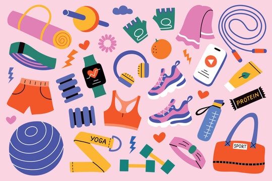 Fitness equipment collection, fitball, dumbbells, sneakers doodles, vector illustrations of sport accessories for women, sportswear icons, cartoon bottle, tracker, weighted wristbands
