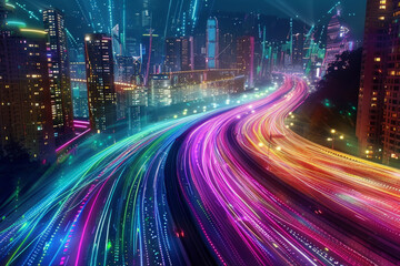 Fototapeta premium Two parallel expressways cutting through the cityscape, stretching into the distance. Rather than traditional vehicle lights, the expressways are illuminated with vibrant, swirling lights