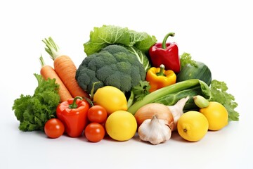 Composition of fruits and vegetables isolated on white background. Nice wide frame with free space for text. Collage