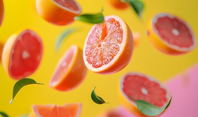 Close up of grapefruit flying in the air a colorful background, Generative AI