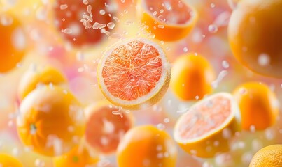 Close up of grapefruit flying in the air a colorful background, Generative AI