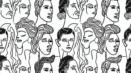 Monochrome seamless pattern with faces or heads of pe