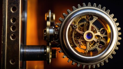 Close up view of antique gears and cogs in a vintage mechanical device