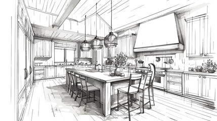 Monochrome sketch of modern country house or summer c