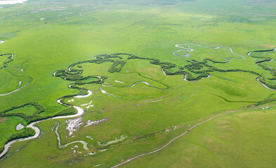 Aerial photography of the nine twists and turns of the Uragai River in the Uragai Grassland in Inner Mongolia