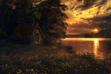 Natural Symphony: Scenic Lake, Ghostly Cottage and Blooming Wildflowers at Sunset