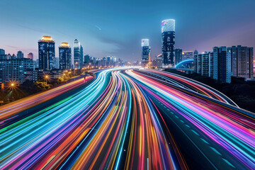 Fototapeta premium Two parallel expressways cutting through the cityscape, stretching into the distance. Rather than traditional vehicle lights, the expressways are illuminated with vibrant, swirling lights