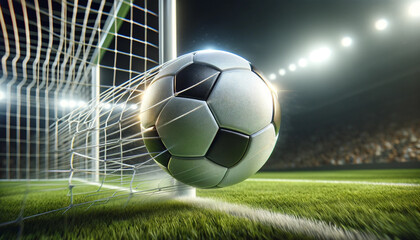 A soccer ball is in the air, heading towards the goal. The image captures the excitement and anticipation of the game, as the ball is about to be kicked into the net