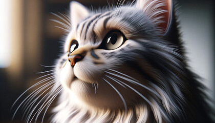 A cat with a long, fluffy tail and a white face is staring at the camera. The cat's fur is a mix of white and gray, and its eyes are bright and curious. The image has a playful and friendly mood