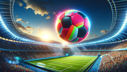 A soccer ball is in the air above a stadium full of people. The stadium is lit up and the sky is cloudy