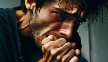 A man is crying and has his hands on his face. He is wearing a black shirt. Scene is sad and emotional