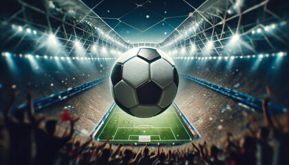 A soccer ball is in the center of a stadium full of people. The stadium is lit up and the crowd is cheering