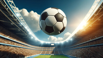 A soccer ball is flying through the air in a stadium. The stadium is packed with people, and the atmosphere is electric