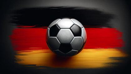 A soccer ball is placed on a red, white, and black striped background. Concept of excitement and energy, as the soccer ball is the central focus of the scene. The colors of the flag