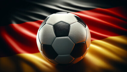 A soccer ball is sitting on top of a flag with the word Germany on it. The flag is red, white, and yellow