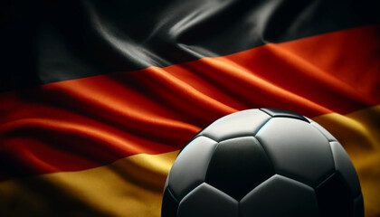 A soccer ball is placed on top of a German flag. The flag is red, white, and black