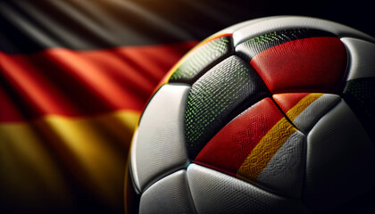 A soccer ball is sitting on top of a German flag. The flag is red, white, and yellow