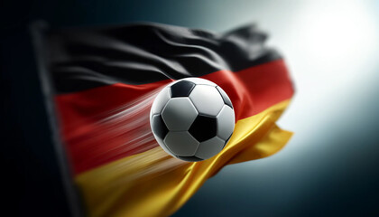 A soccer ball is in the middle of a flag with the word Germany on it. The flag is waving in the wind