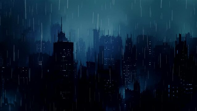 Silhouette of a dark city during a rainy night. Looping time-lapse video animation background