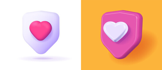Heart shield icon 3d logo vector graphic illustration red pink purple white color, support safety protection health care life tech, insurance security render, medical healthcare symbol image clip art