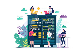Group of people work in server room racks. Cloud system concept. computing technology flat illustration.