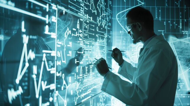 Scientists write equations and sketch theories on a board in a lab.