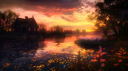 Natural Symphony: Scenic Lake, Ghostly Cottage and Blooming Wildflowers at Sunset