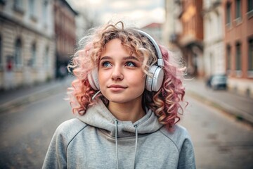 Fototapeta premium Music lover. A young beautiful curly-haired woman with pink hair listens to music with headphones on an evening street in the city. Peace, harmony, relaxation and relaxation.