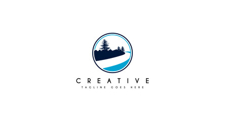 winding road river creek with pine tree logo design vector illustration