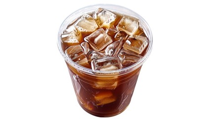 Transparent plastic cup with iced coffee, viewed from above, demonstrating product quality with a lid, isolated for clear display