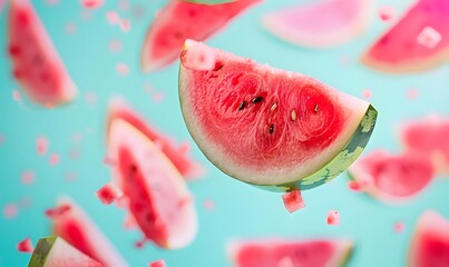 Close up of watermelon flying in the air a colorful background, Generative AI