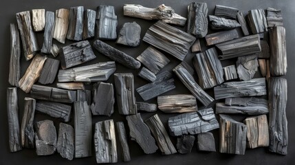 Top view of natural wood charcoal arranged artistically on an isolated background, perfect for advertising, studio lighting