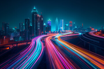 Fototapeta premium Two parallel expressways cutting through the cityscape, stretching into the distance. Rather than traditional vehicle lights, the expressways are illuminated with vibrant, swirling lights