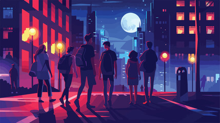 Night city life concept. Young people friends walking
